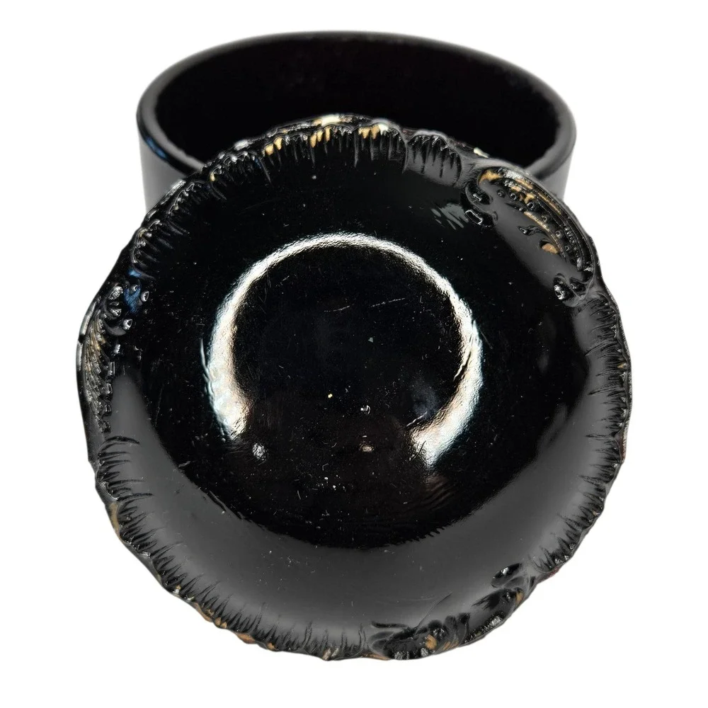 Antique Victorian Black Glass Vanity Powder Lidded Jar With Gold Trim Cottage